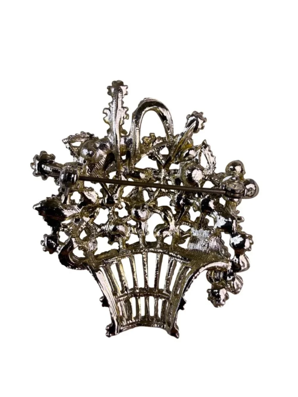 Vintage Womens Gold Tone Metal Brooch Colorful Rhinestones Faux Pearls Basket